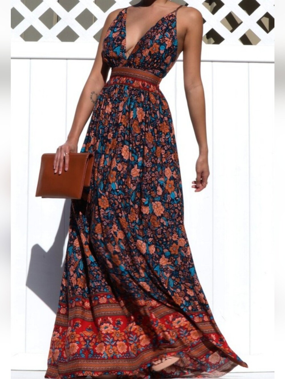 Bohemian Floral Maxi Dress in Navy and Rust NWT